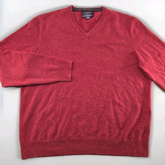 Black Brown 2 Ply Cashmere Sweater Men's XL V-Neck Red Long Sleeve Luxury - Picture 1 of 9